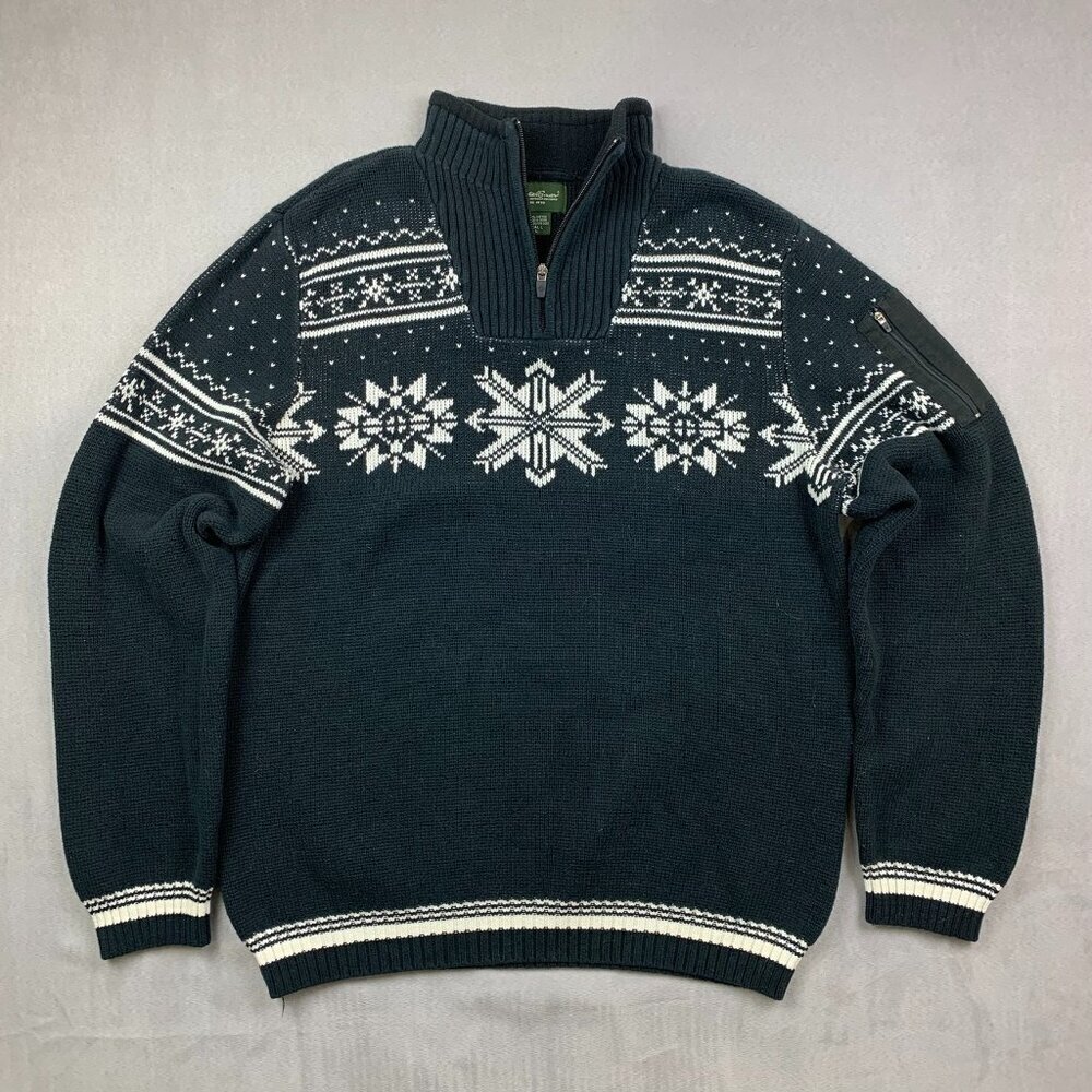 Eddie Bauer Sweater Tall Large Black Fair Isle 1/4 Zip Long Sleeve Knit Nordic